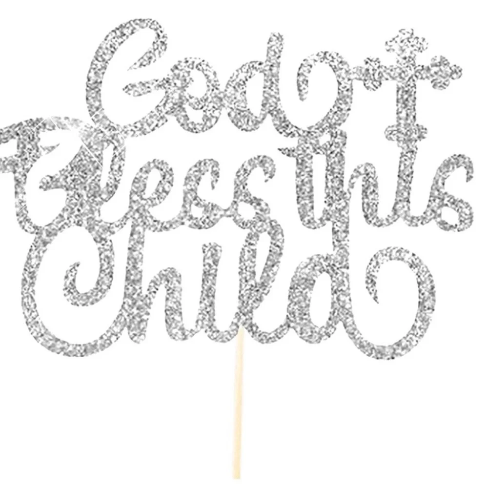 💞 New Silver Glitter God Bless This Child Baptism Christening Cake Topper